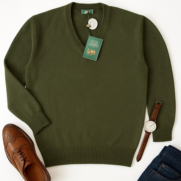Alan Paine 100% Lambswool V Neck Sweater Loden Green UK 44 Heritage Pullover NWT - Picture 2 of 9